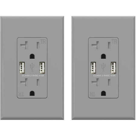 ELEGRP USB Wall Charger  Dual USB Type A 4.0 Amp  W/ 20A Duplex TR Receptacle  W/ Wall Plate  R1620D40-GR2 UL Listed (2pcs-in  Gray)