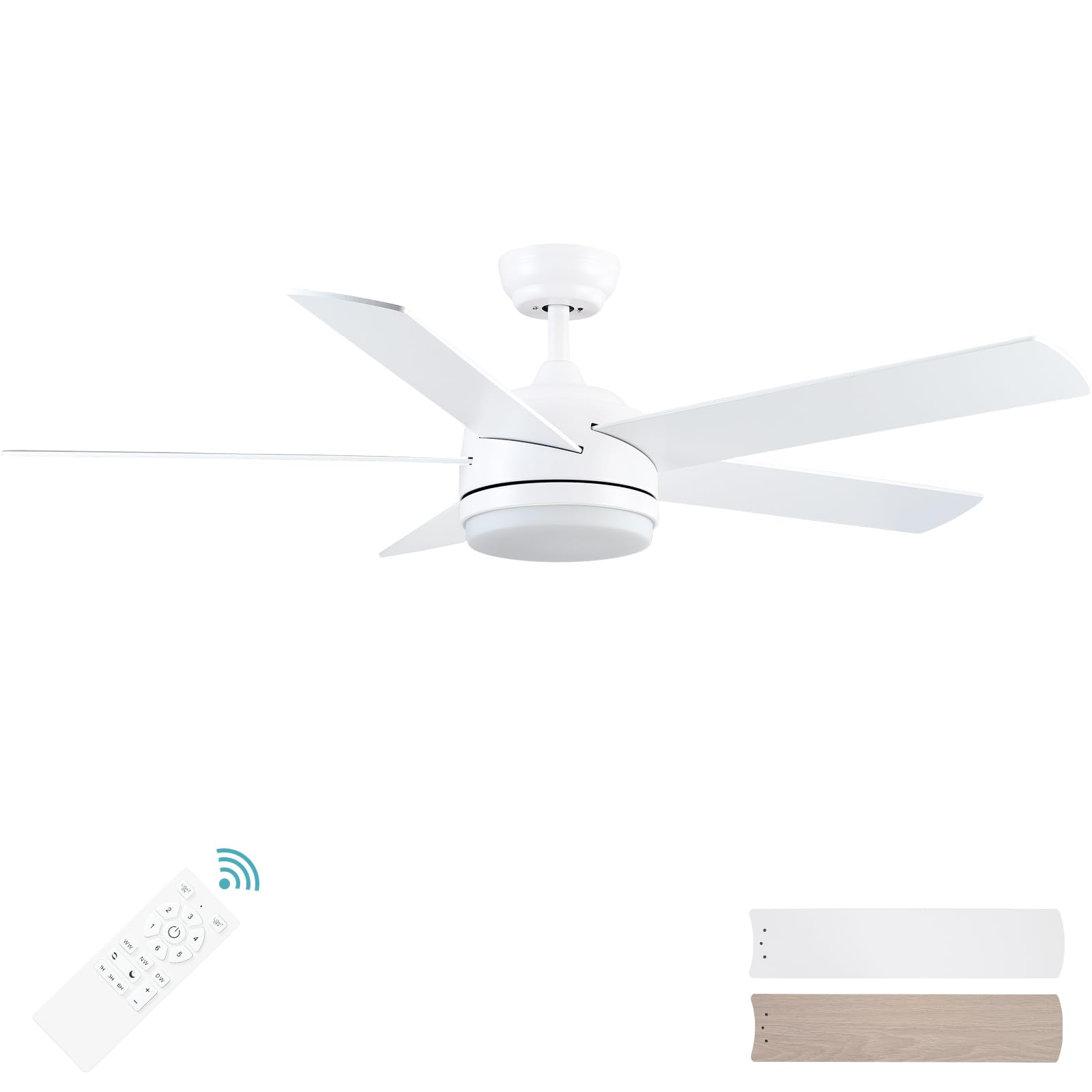 YUHAO 52 inch White Ceiling Fan with Lights and Remote Control,Quiet Reversible Motor,Dimmable tri-Color temperatures LED,5 Blades Modern Ceiling Fan for Indoor.