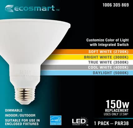 New EcoSmart 150W Equivalent 2700K, 3000K, 3500K, 4000K, 5000K Selectable PAR 38 Dimmable LED Floodlight Bulb (1-Pack), White