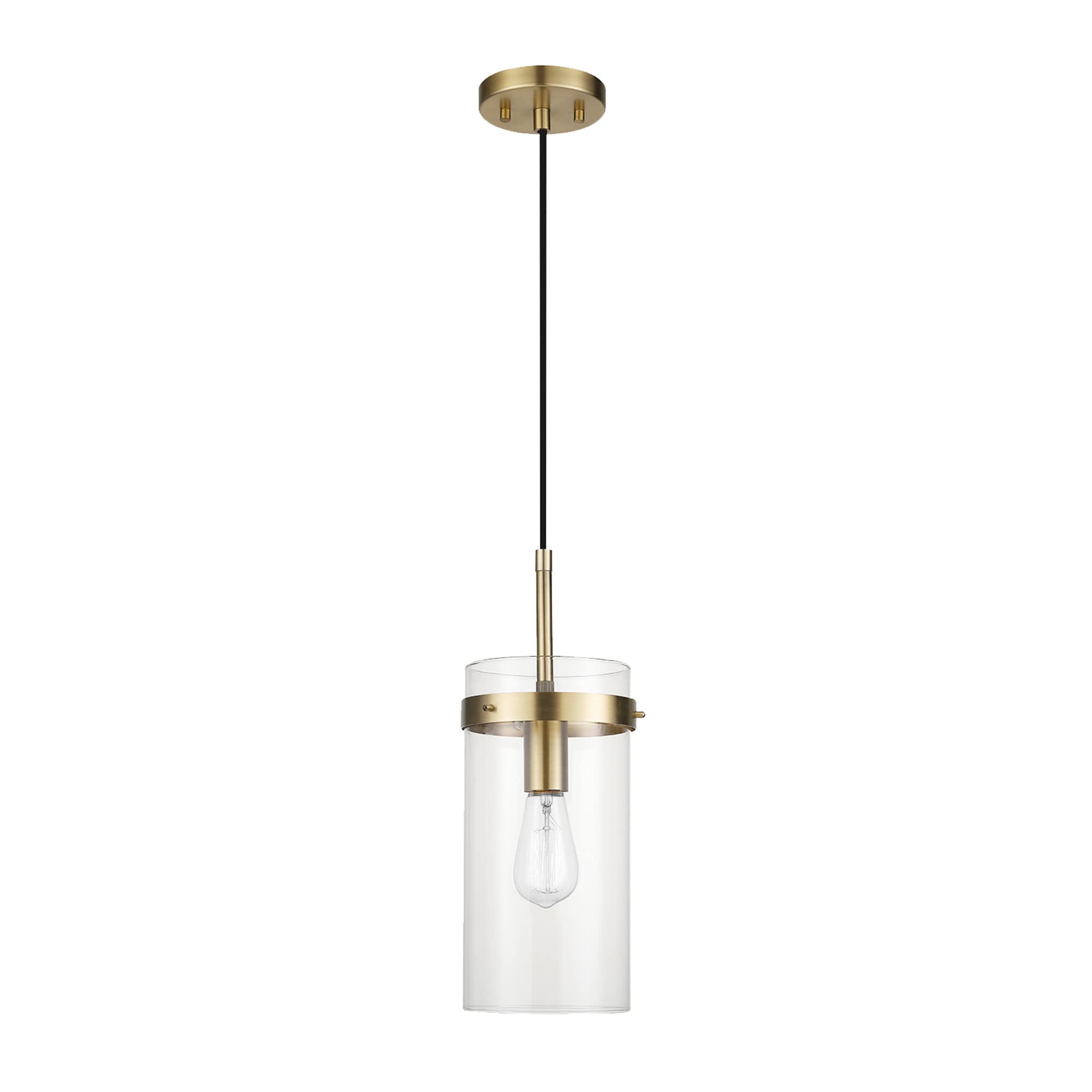 Globe Electric 61209 1-Light Pendant Light, Brass, Clear Glass Shade, Vintage Edison Incandescent Bulb Included, E26 Base Socket, Kitchen Island, Café, Decorative, Ceiling Hanging Light Fixture