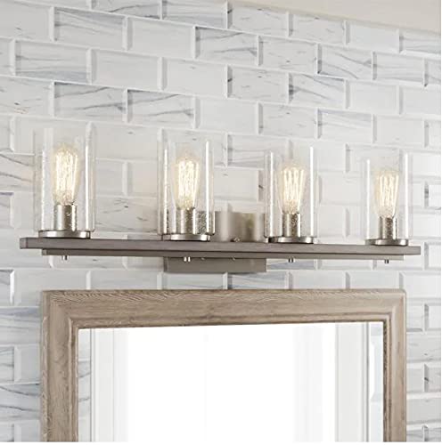 Boswell Quarter 4-Light Brushed Nickel Vanity Light with Painted Weathered Gray Wood Accents