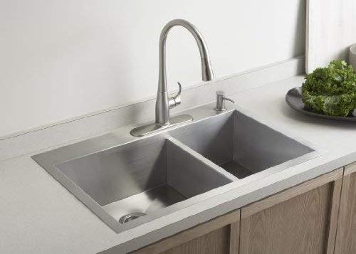 KOHLER Vault 33" Double-Bowl Offset 18-Gauge Stainless Steel Kitchen Sink with Single Faucet Hole K-3823-1-NA Drop-in or Undermount Installation, 9 Inch Bowl