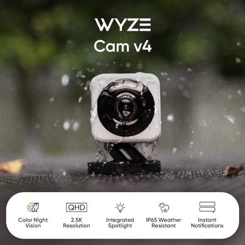 Wyze Cam v4, 2K HD Wi-Fi Smart Home Security Camera, Indoor/Outdoor Use, Pet/Baby Monitor, Motion Activated Spotlight/Siren, Enhanced Color Night Vision, 2-Way Audio, Local/Cloud Storage, Wired, White