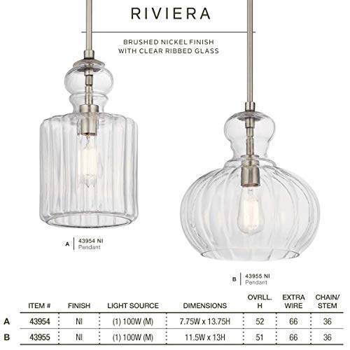 Kichler Riviera 13" 1 Light Pendant with Clear Ribbed Glass in Brushed Nickel