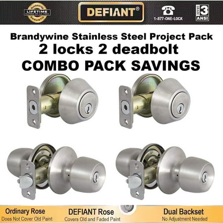 Defiant Brandywine Stainless Steel Project Pack ( COMBO PACK II 2 ENTRY KNOBS WITH 2 DEADBOLTS )