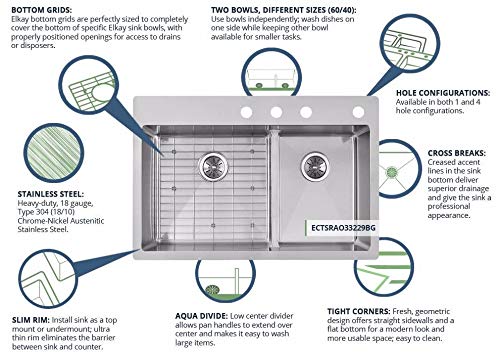 Elkay ECTSRAO33229BG4 Elkay ECTSRAO33229BG Crosstown 33" x 22" Double Basin Stainless Steel Kitchen Sink with Aqua Divide plus Sink Grids