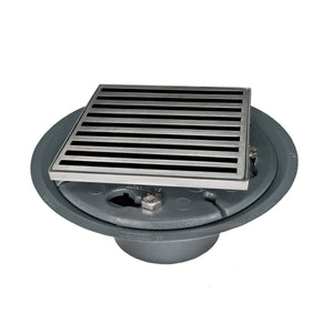 Infinity Drains ND 4-2P SS - 4� x 4� ND 4 - Strainer - Lines Pattern & 2" Throat in satin stainless with PVC Drain Body 2� Outlet