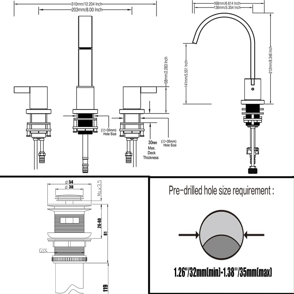 Phiestina Matte Black Waterfall Widespread 8 Inch 3 Holes 2 Handles Bathroom Faucet with Copper Drain and Valve, WF40-1-MB