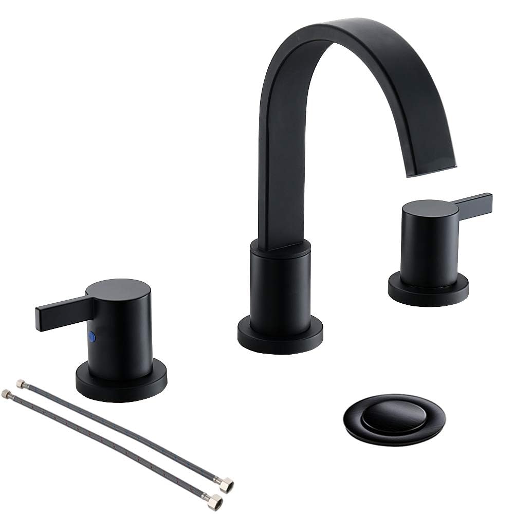 Phiestina Matte Black Waterfall Widespread 8 Inch 3 Holes 2 Handles Bathroom Faucet with Copper Drain and Valve, WF40-1-MB