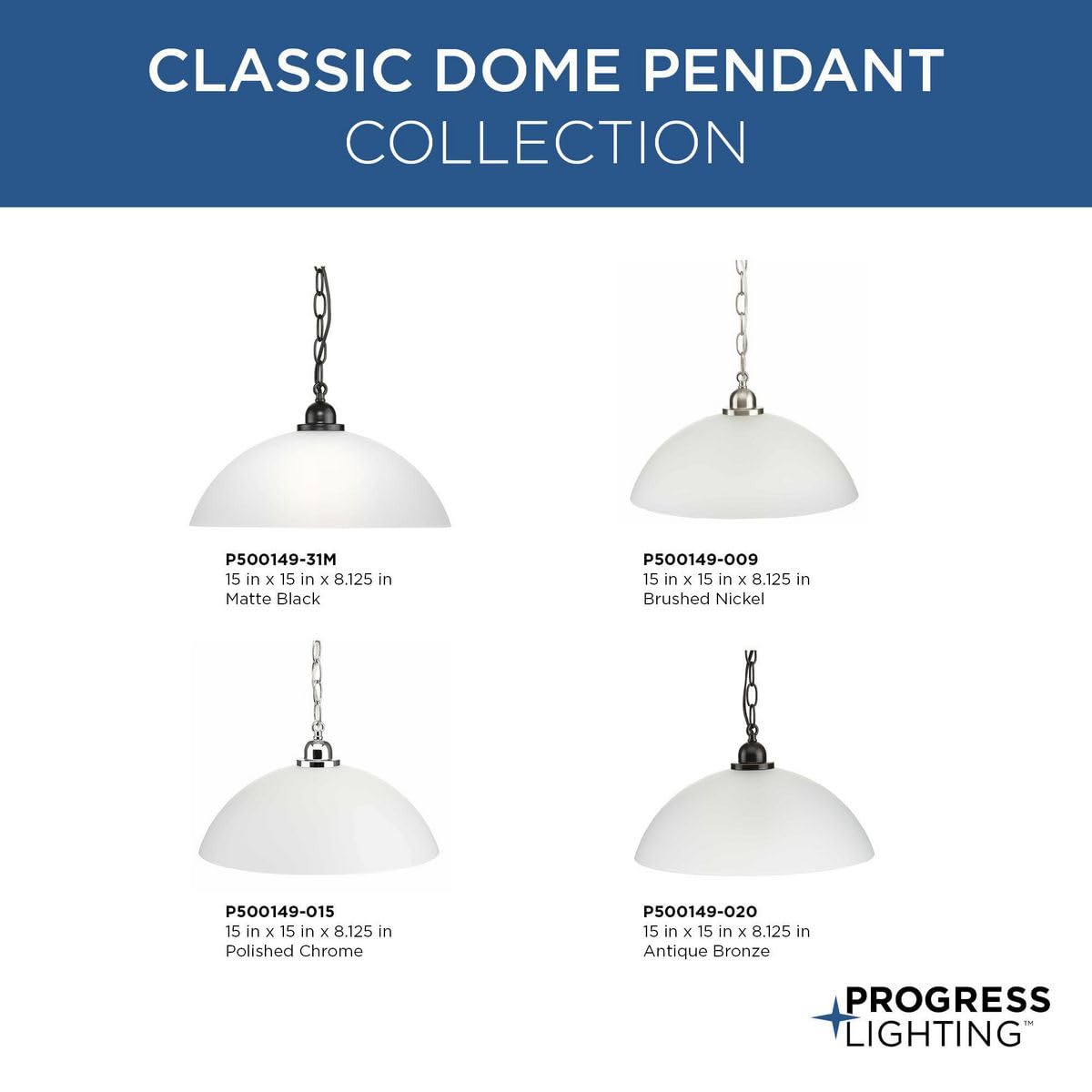 Progress Lighting Classic Dome Collection One-Light Matte Black Transitional Pendant