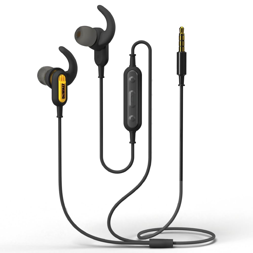 DEWALT Wired Earphones with Microphone — Jobsite Earbuds Wired 3.5mm — Water-Resistant Wired Earbuds with Mic — Wired Headphones for Outdoor Work