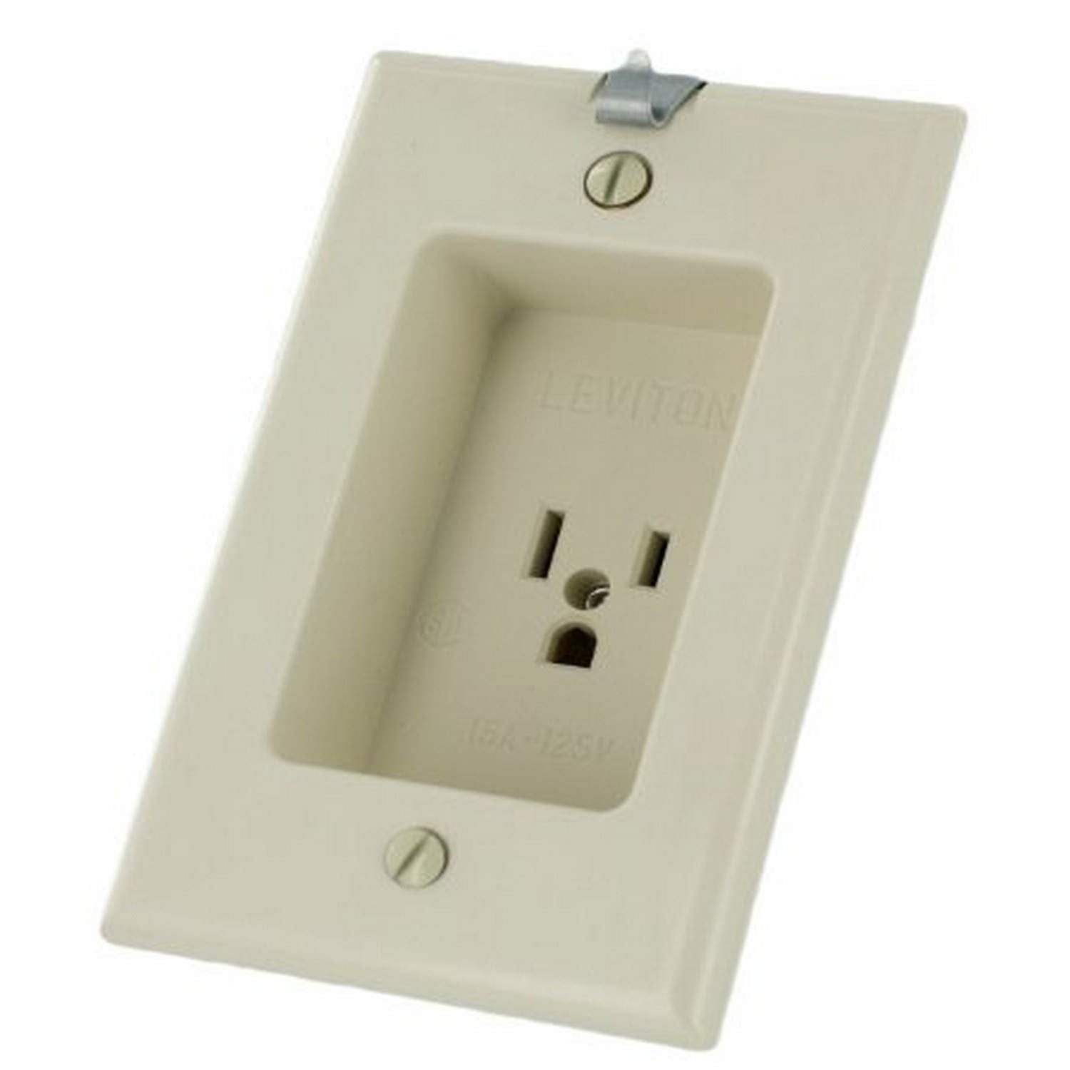 Leviton 688-T 1-Gang Recessed 2-Pole 3-Wire 15A-125V NEMA 5-15R, Residential Grade Single Receptacle with Clock Hanger Hook, Light Almond