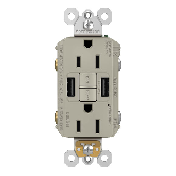 Legrand Radiant� USB GFCI Outlet, 15A Tamper-Resistant, Self-Test, Type-A/A, Ivory, 1597TRUSBAAI