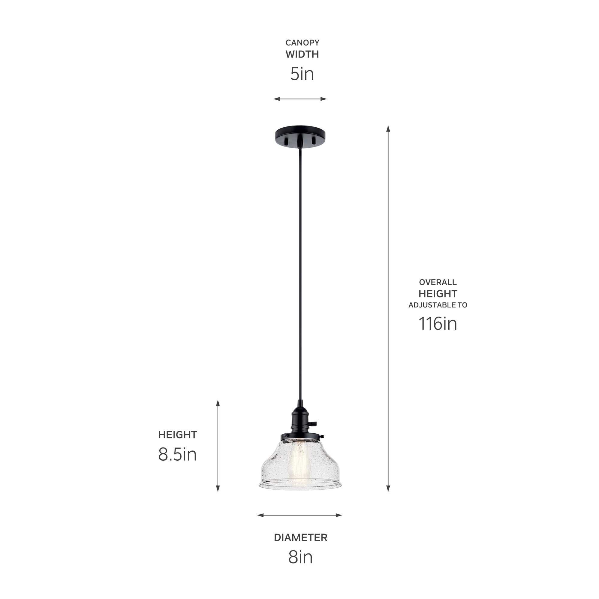 Kichler Avery 8" Bell Mini Pendant Industrial 1 Light Mini Pendant Ceiling Light Fixture with Clear Seeded Glass in Black, for Living Room, Bedroom or Kitchen (8" x 8" x 8.5") 43850BK