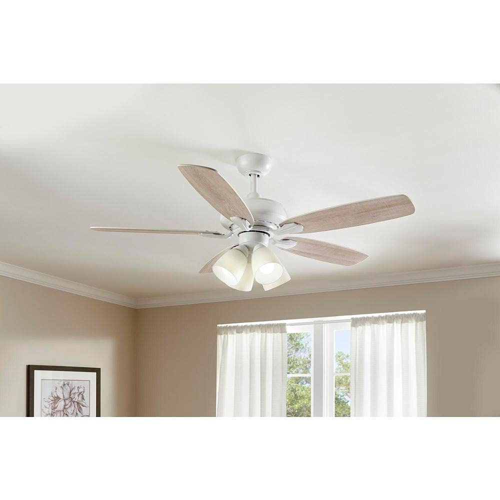 Hampton Bay Hollis 52 in. Indoor LED Matte White Dry Rated Ceiling Fan with 5 Reversible Blades Light Kit and Remote Control, (52198)