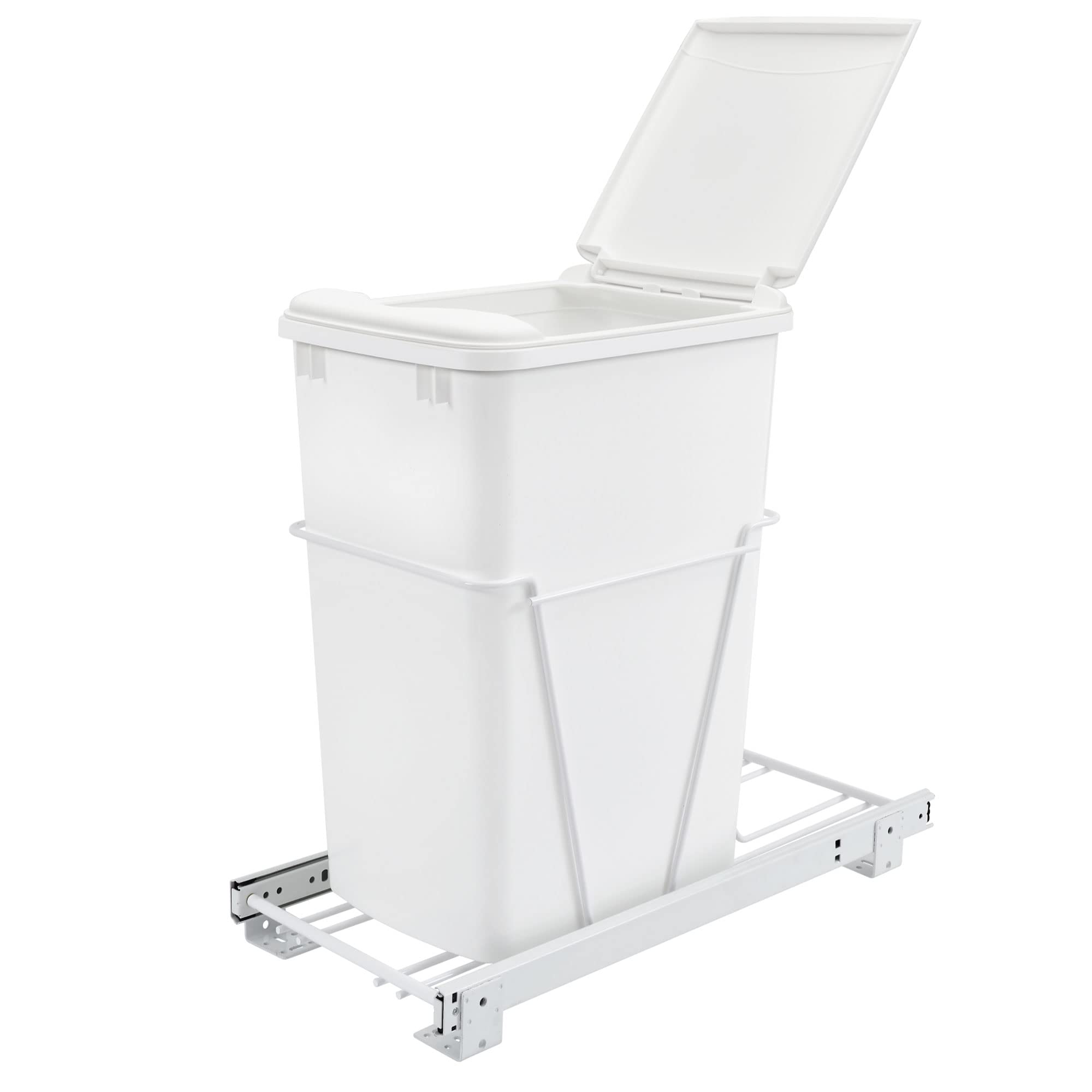 Rev-A-Shelf Single Pullout 35 Quart Trash Can for Base Kitchen or Bathroom Cabinets with Slides and Simple Installation, White, RV-12PB