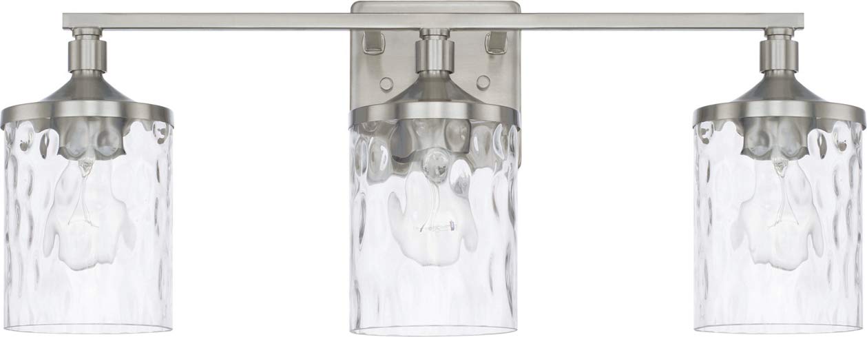 HomePlace Lighting 128831BN-451 Colton Mid-Century Clear Water Glass Bathroom Vanity Wall Light, 3-Light 300 Total Watts, 10" H x 24" W, Brushed Nickel