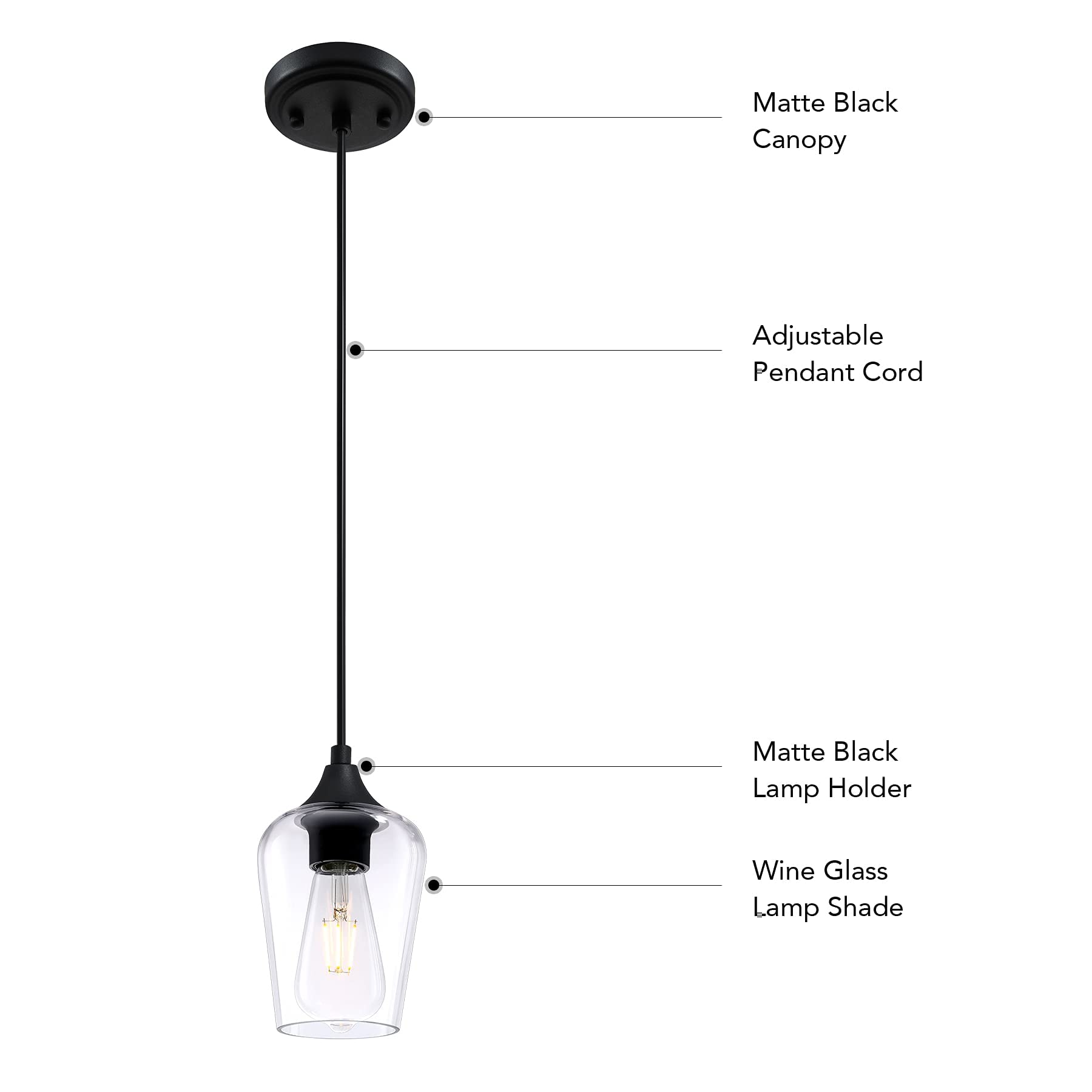 VONLUCE Black Pendant Light for Kitchen Island, Pendant Light Fixture w/Hanging Cord for Bedroom & Hallway, Kitchen Pendant Lighting Over Island with Clear Glass Shade