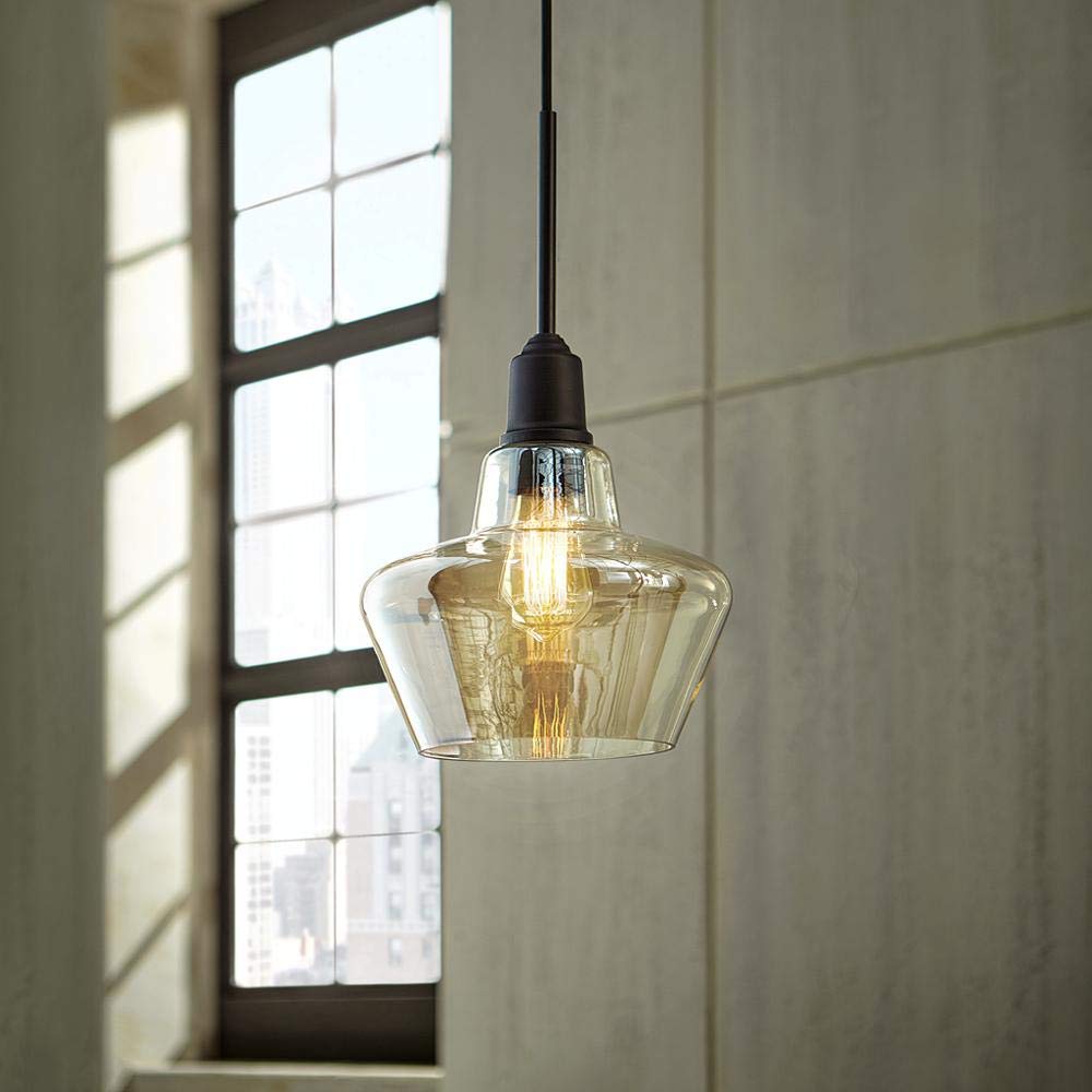 Home Decorators Collection 1-Light Aged Bronze Pendant with Amber Plated Glass Shade and Vintage Bulb