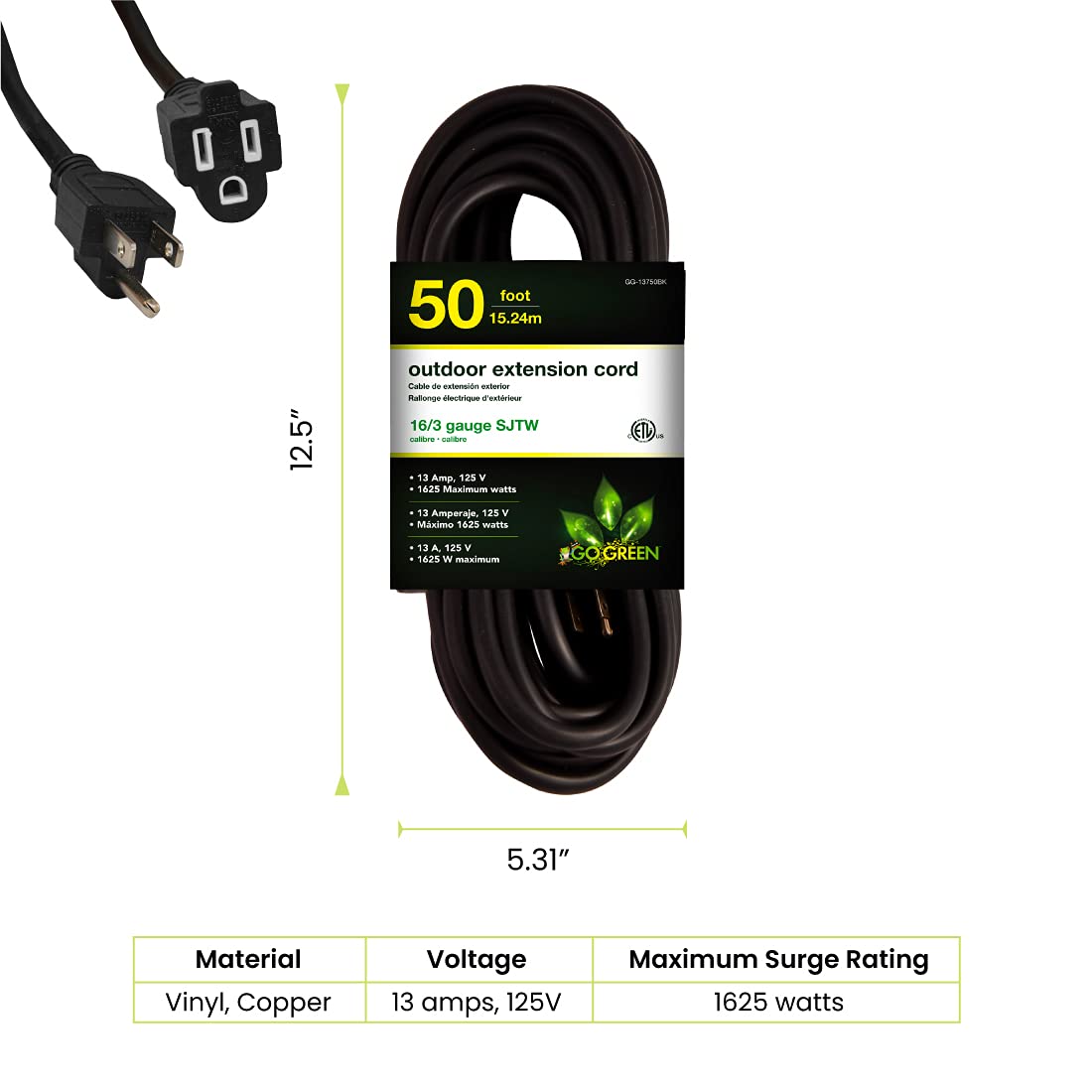 Go Green Power Inc. 16/3 50ft Black Outdoor Extension Cord - Durable, Heavy Duty, Moisture Resistant - Ideal for Tools & Equipment - GG-13750BK