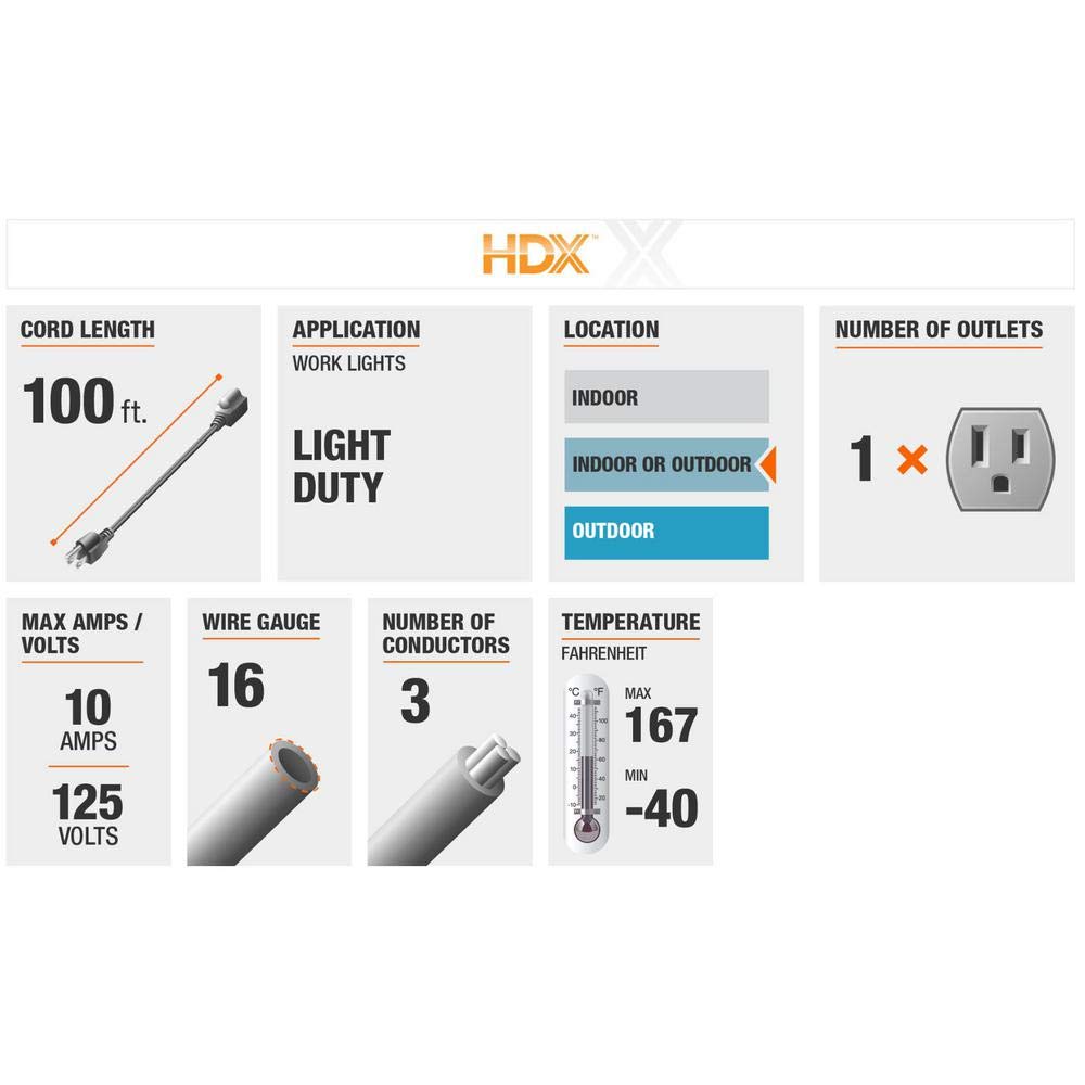 HDX 100 ft. 16/3 Indoor/Outdoor Extension Cord, Orange