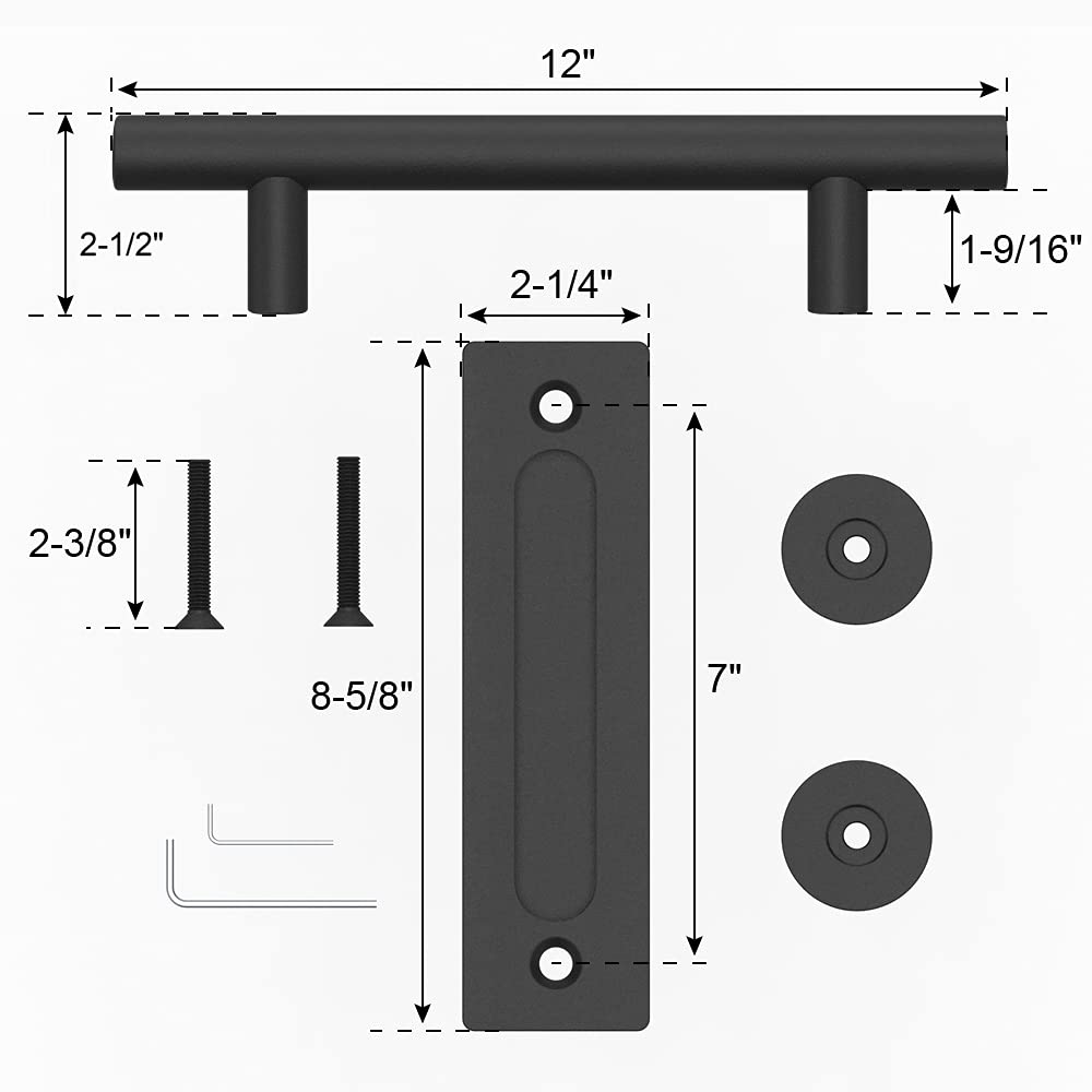 WINSOON 12"Sliding Barn Door Handles Black Hardware with Flush Finger Pull Double-Sided Design, Pull and Flush Barn Door Handle Kit, Solid Steel Material, For Gate/Garages/Cabinet, Round, Matte Black