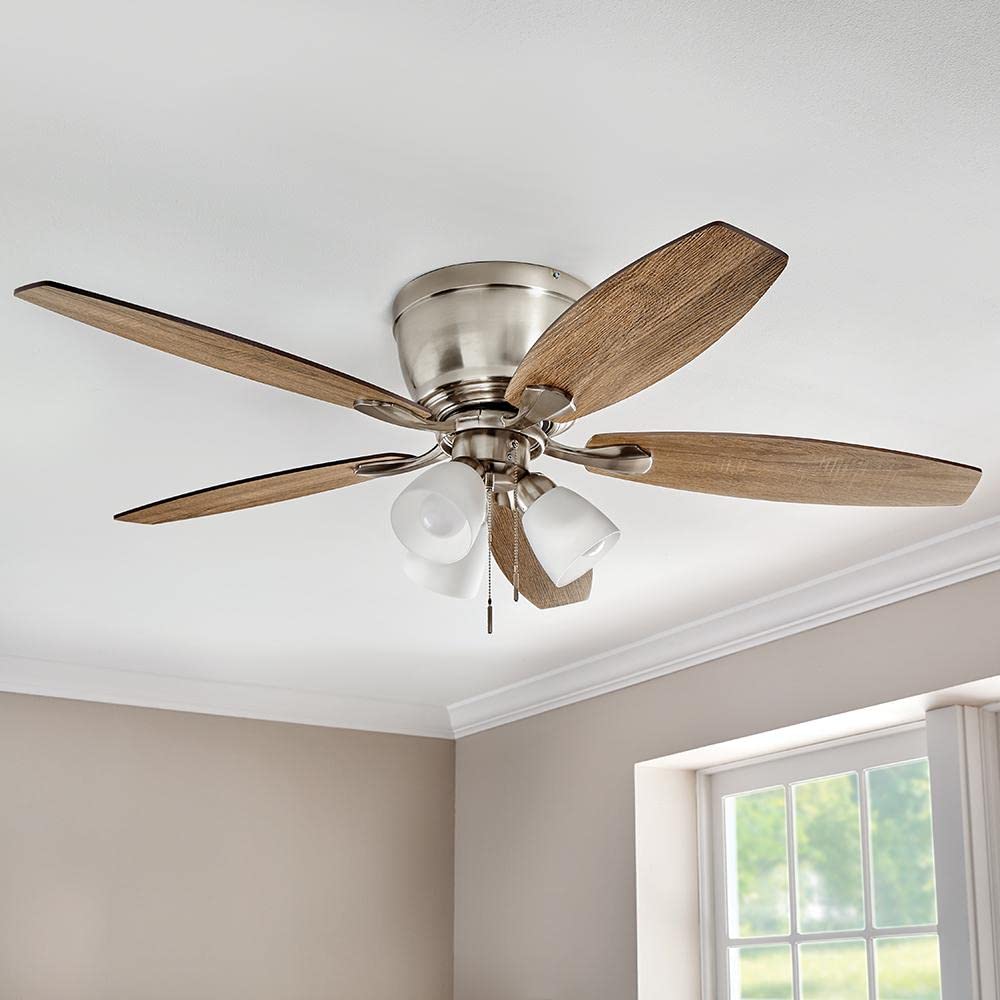 Hampton Bay Sidlow 52 in. Indoor LED Brushed Nickel Hugger Dry Rated Ceiling Fan with 5 QuickInstall Reversible Blades and Light Kit, (52151)