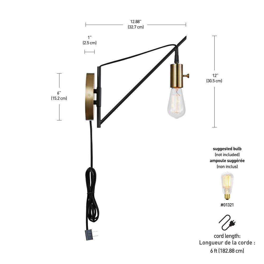 Globe Electric 51343 1-Light Plug-in or Hardwire Wall Sconce, Bronze Finish, Brass Accents, 6ft Black Woven Fabric Cord, Flat Plug, Socket Rotary On/Off Switch