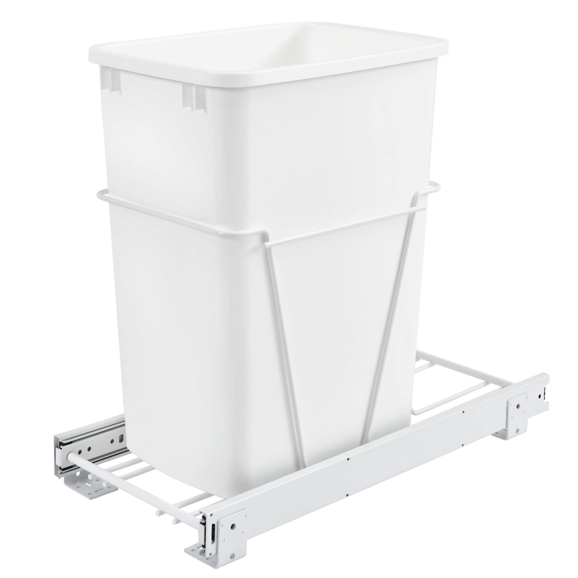 Rev-A-Shelf Single Pullout 35 Quart Trash Can for Base Kitchen or Bathroom Cabinets with Slides and Simple Installation, White, RV-12PB