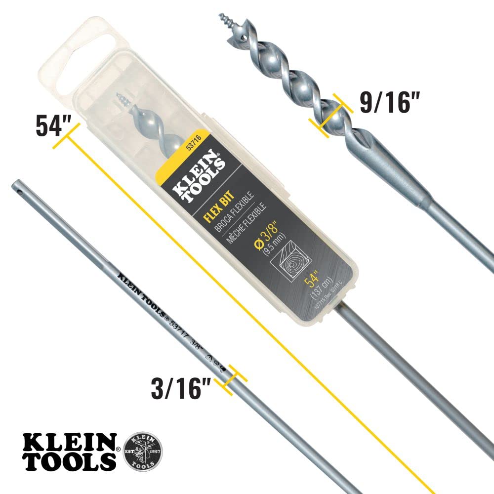 Klein Tools 53716 Flex Bit Auger with Screw Point, 3/8-Inch x 54-Inch Long Flexible Drill Bit / Fish Bit for Pulling Wire Behind Walls