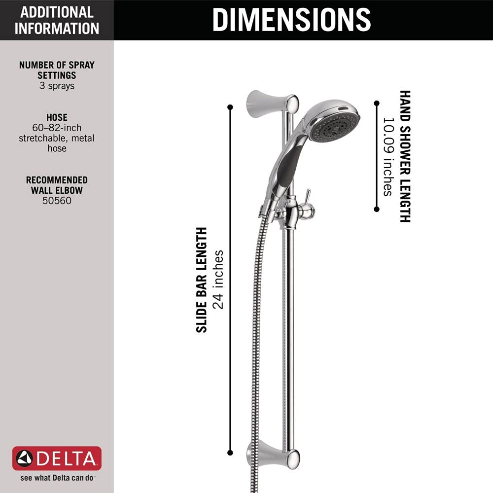 Delta Faucet 3-Spray Slide Bar Hand Held Shower with Hose, Chrome Handheld Shower Head, Slide Bar Hand Shower, Handheld Shower, Detachable Shower Head, Chrome 57014