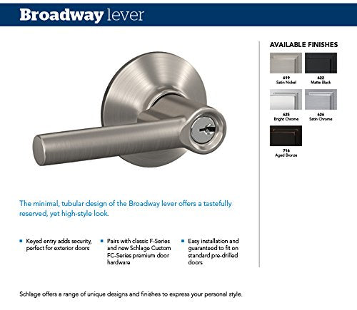 SCHLAGE F51A BRW 626 COL Broadway Lever with Collins Trim Keyed Entry Lock, Satin Chrome