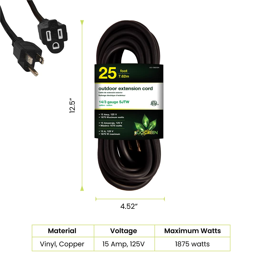 Go Green Power Inc. GG-13825BK - 14/3 SJTW Outdoor Extension Cord, Black, 25 ft