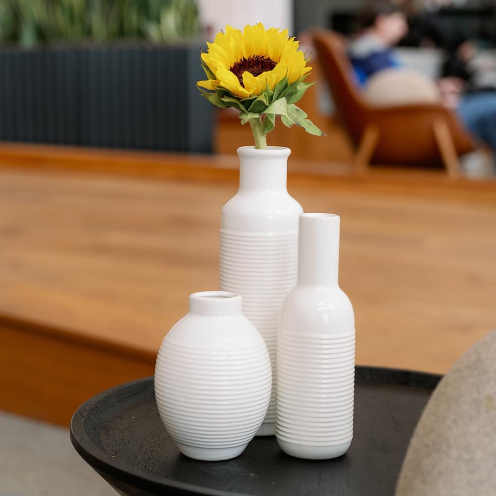 White Ceramic Vase Set of 2 for Home & Office Decor, Modern Aesthetic Room Accents for Living Room, Farmhouse/Boho Flower Vases for Centerpieces, Bookshelf & Coffee Table Decorations, for a Gift