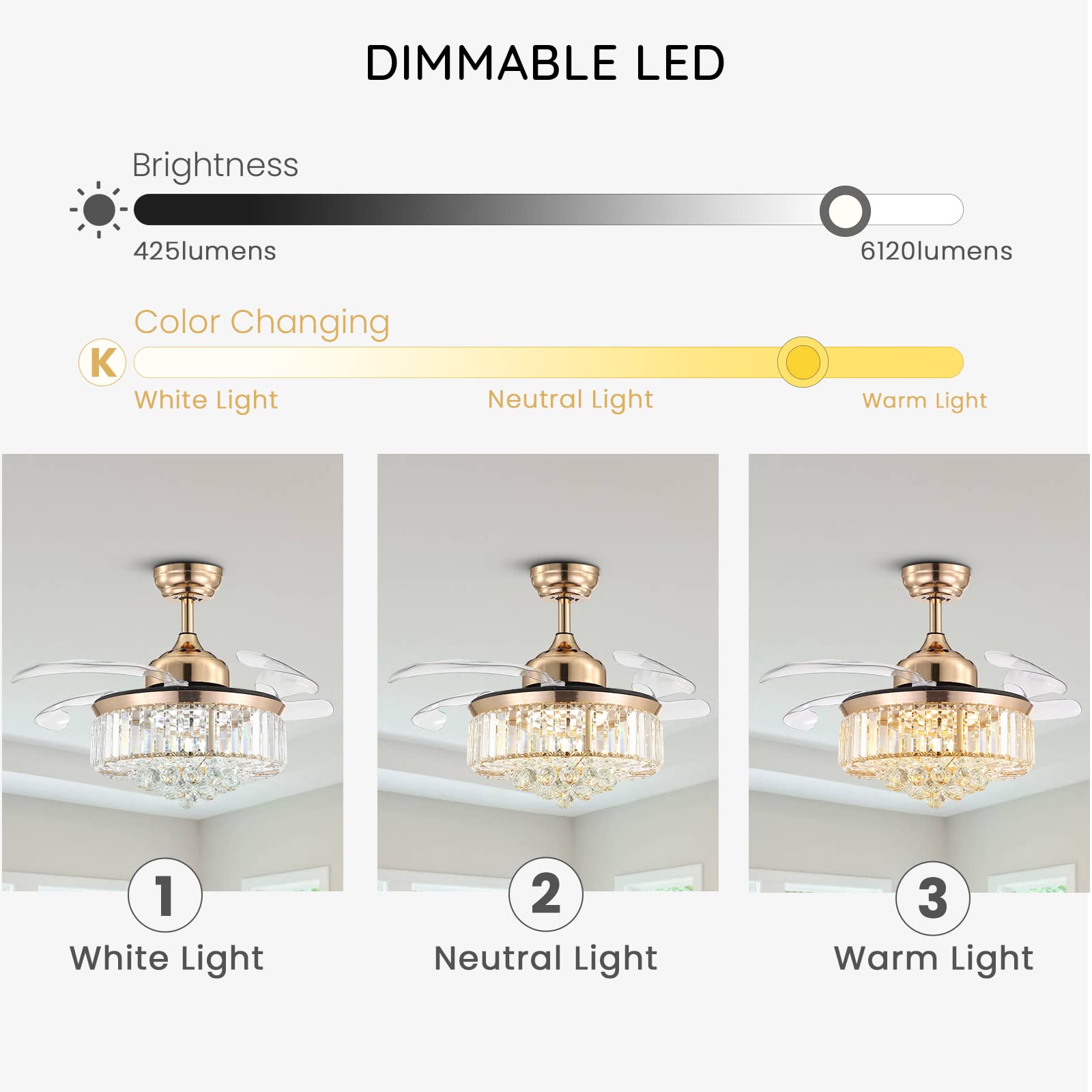 CROSSIO Modern Crystal Ceiling Fan Light Reversible Fandelier LED Dimmable Gold Retractable Fan Chandelier with Remote for Bedroom Living Room 36 inches