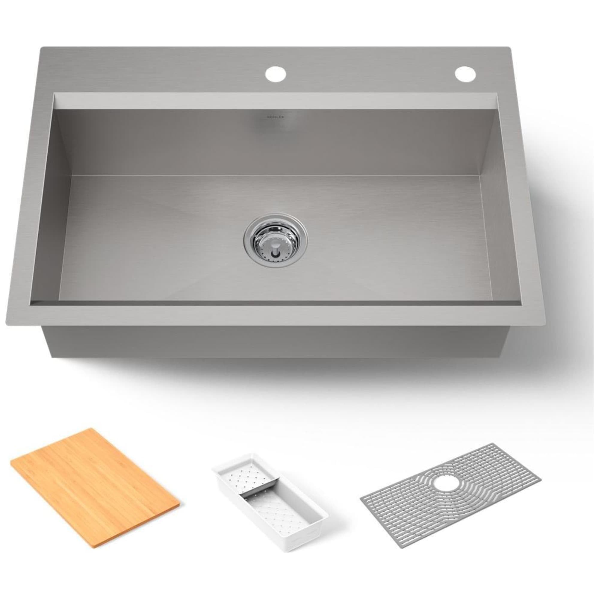 KOHLER 80084-2PC-NA Task 33" Top-/Undermount Single-Bowl Workstation Sink, Includes Kitchen Sink Accessories, Stainless Steel, 2 Faucet Holes