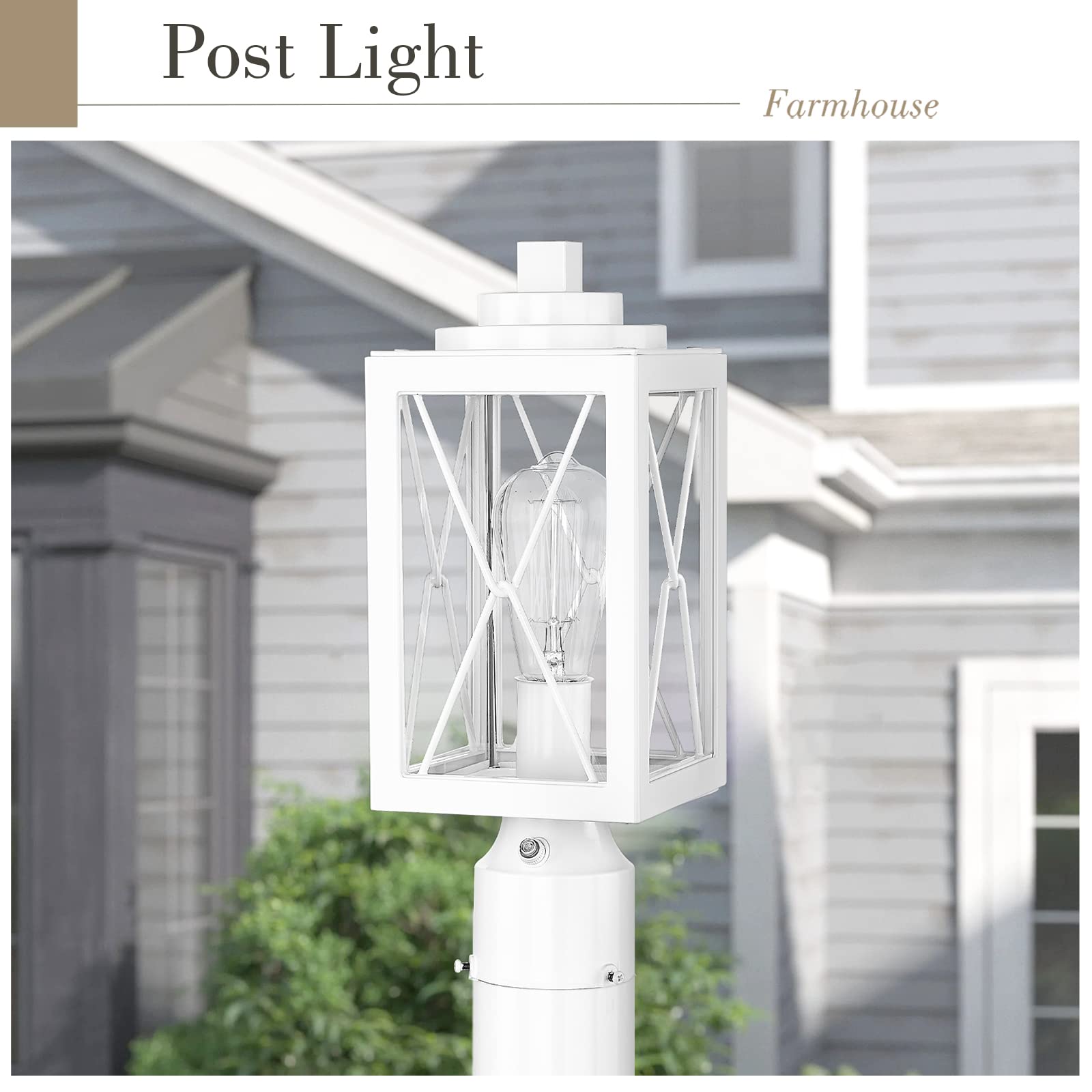 Emliviar Farmhouse Dusk to Dawn Outdoor Post Light, Modern Exterior Pole Light Column Light Photocell Sensor, Aluminum with Clear Glass in White Finish, 0387P-PC WH