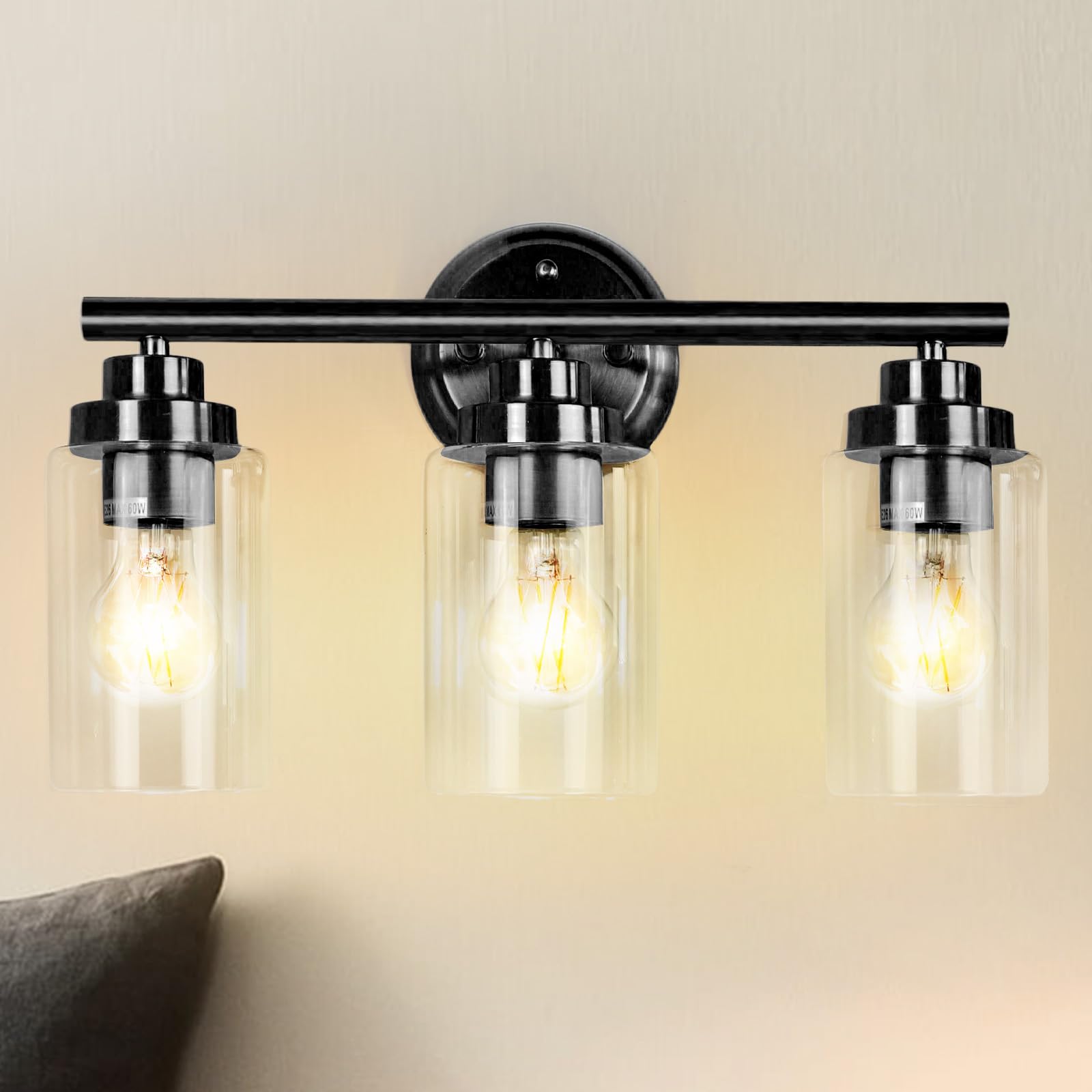 DLLT 3-Light Wall Light, Bathroom Vanity Light Fixture with Clear Glass Shade, Black Wall Sconces Lighting for Hallway, Kitchen, Mirror, Powder Room,Living Room(E26 Base Bulbs Not Included)