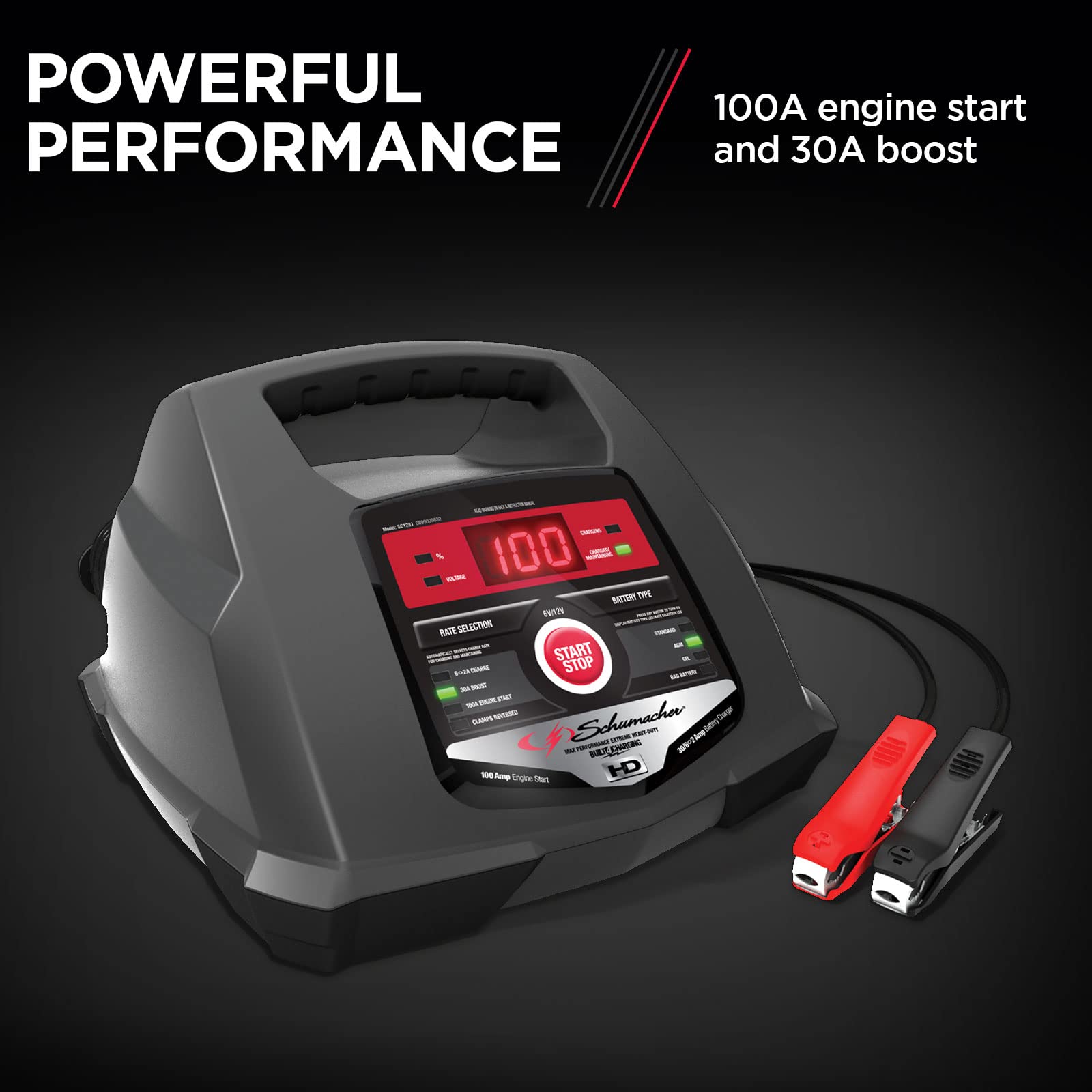 Schumacher SC1281 6/12V Fully Automatic Battery Charger, Engine Starter, Boost Maintainer and Auto Desulfator with Advanced Diagnostic Testing- 100 Amp/30 Amp, 6V/12V, Black