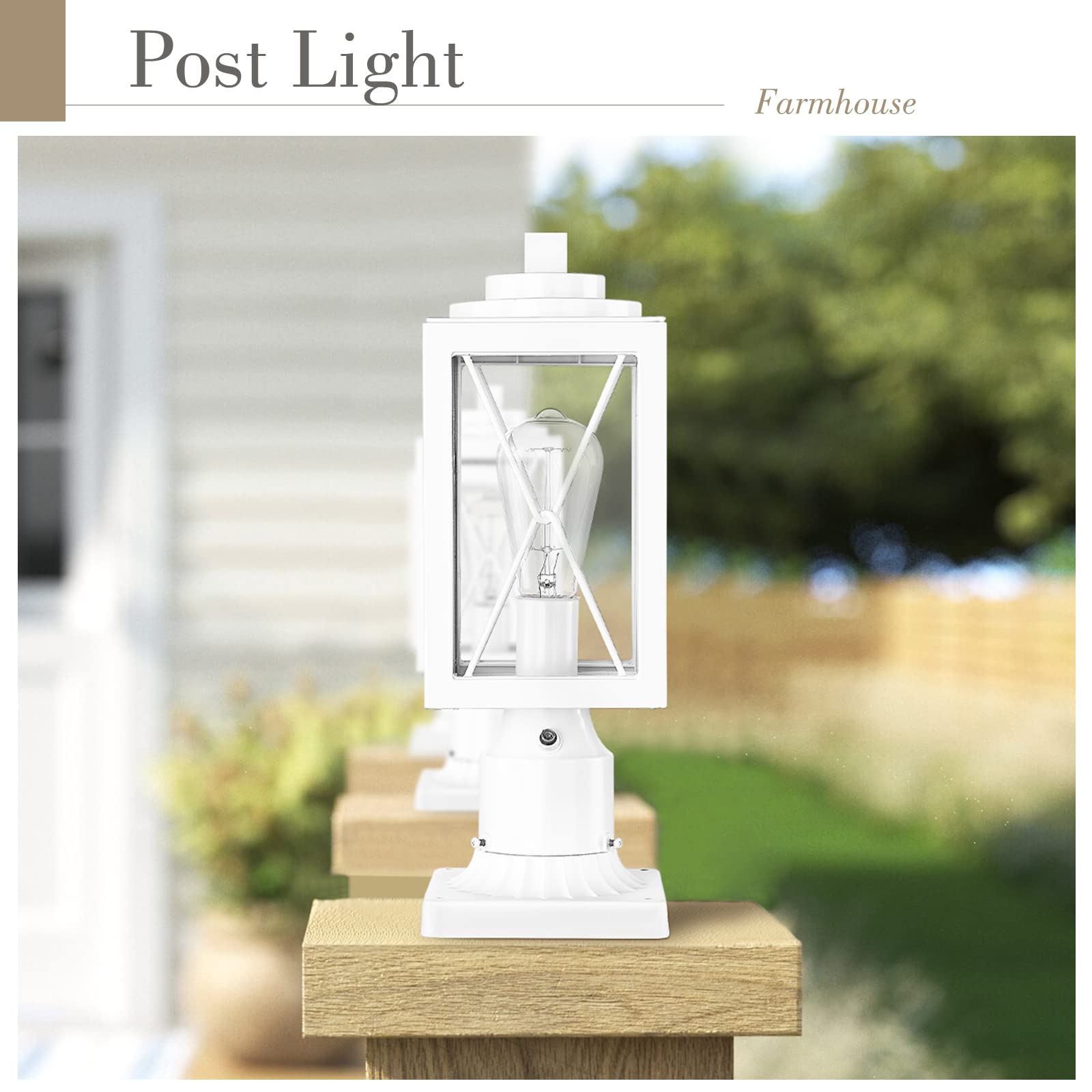 Emliviar Farmhouse Dusk to Dawn Outdoor Post Light, Modern Exterior Pole Light Column Light Photocell Sensor, Aluminum with Clear Glass in White Finish, 0387P-PC WH