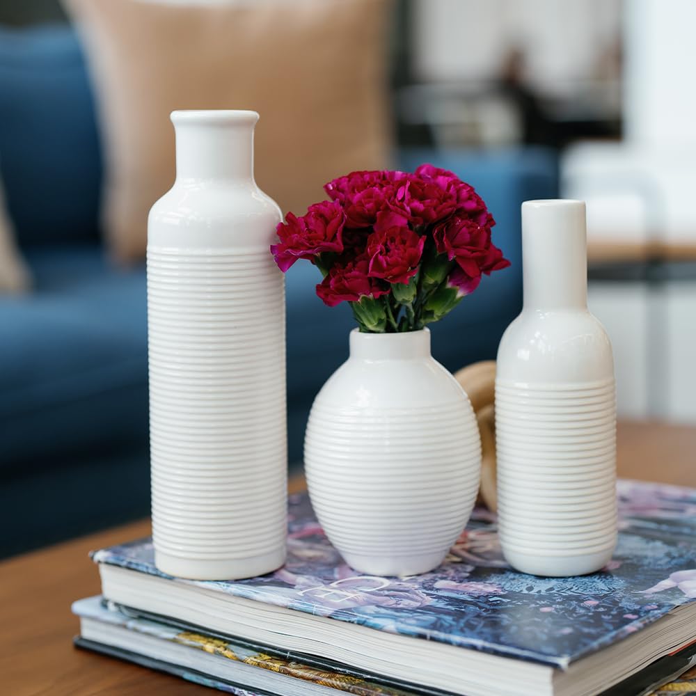 White Ceramic Vase Set of 2 for Home & Office Decor, Modern Aesthetic Room Accents for Living Room, Farmhouse/Boho Flower Vases for Centerpieces, Bookshelf & Coffee Table Decorations, for a Gift