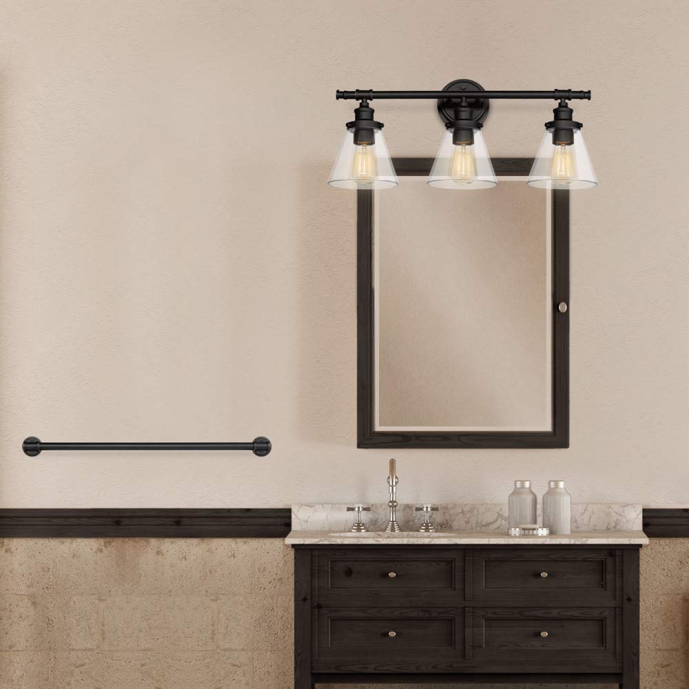 Globe Electric 50192 Parker 5-Piece All-In-One Bathroom Set, Oil Rubbed Bronze, 3-Light Vanity Light with Clear Glass Shades, Towel Bar, Towel Ring, Robe Hook, Toilet Paper Holder, Oil-rubbed Bronze