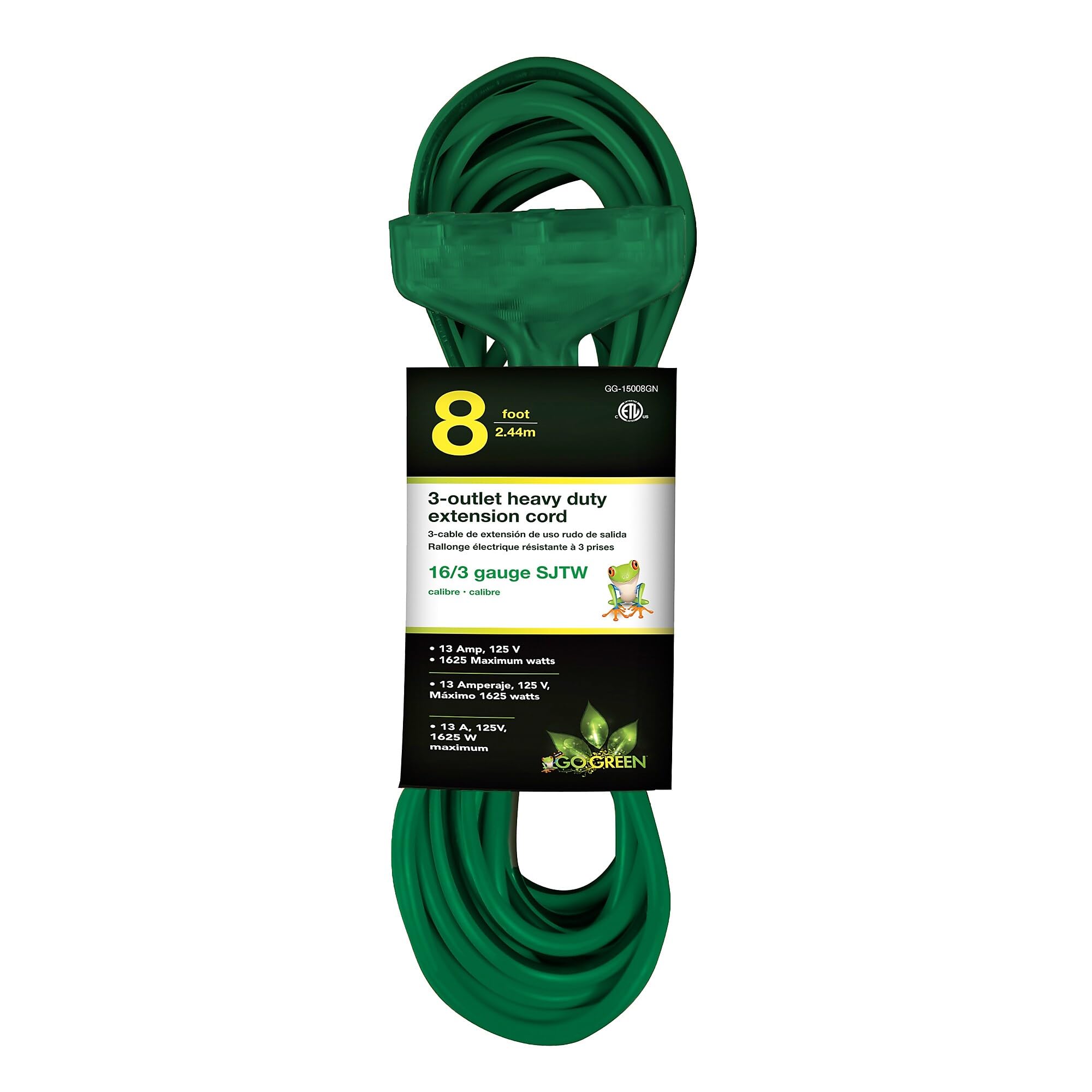 GoGreen Power 16/3 8' 3 Outlet Heavy Duty Extension Cord (GG-15008GN)