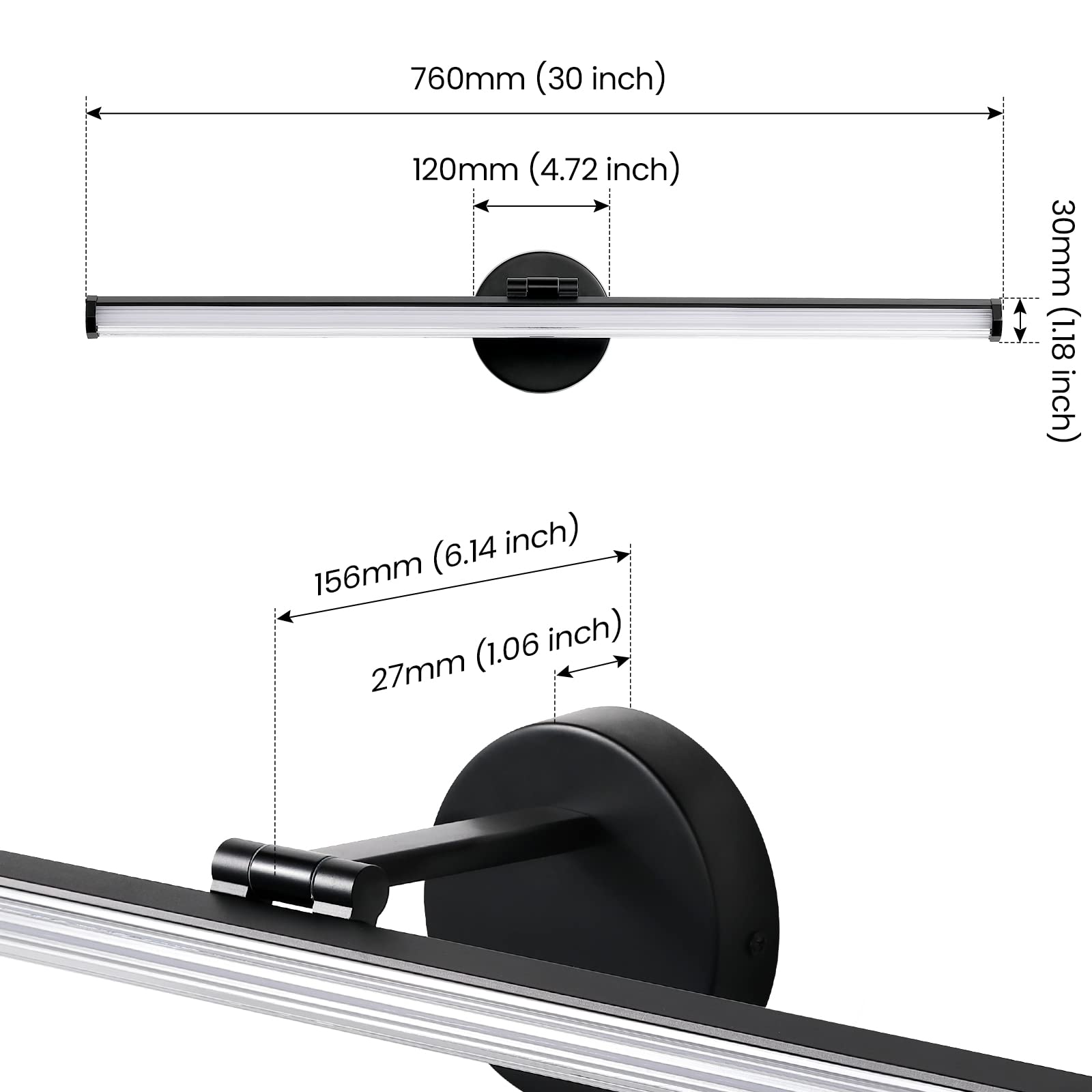 KAISITE Bathroom Light Fixture Over Mirror - 30 Inch Black Vanity Light 24W 4000K Dimmable Modern LED Bathroom Lighting Fixture Rotatable Bath Vanity Light Bar for Bathroom