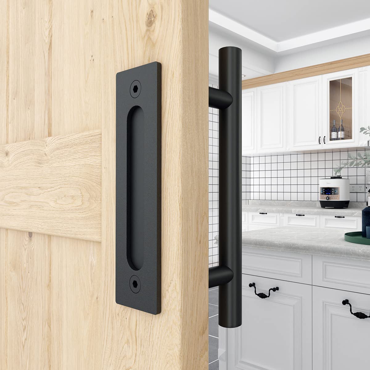 WINSOON 12"Sliding Barn Door Handles Black Hardware with Flush Finger Pull Double-Sided Design, Pull and Flush Barn Door Handle Kit, Solid Steel Material, For Gate/Garages/Cabinet, Round, Matte Black