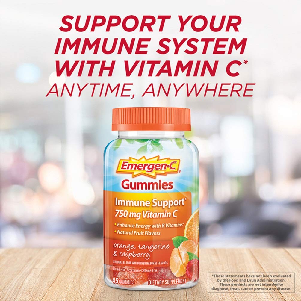 Emergen-C 750mg Vitamin C Gummies for Adults, Immunity Gummies with B Vitamins, Gluten Free, Orange, Tangerine and Raspberry Flavors - 45 Count