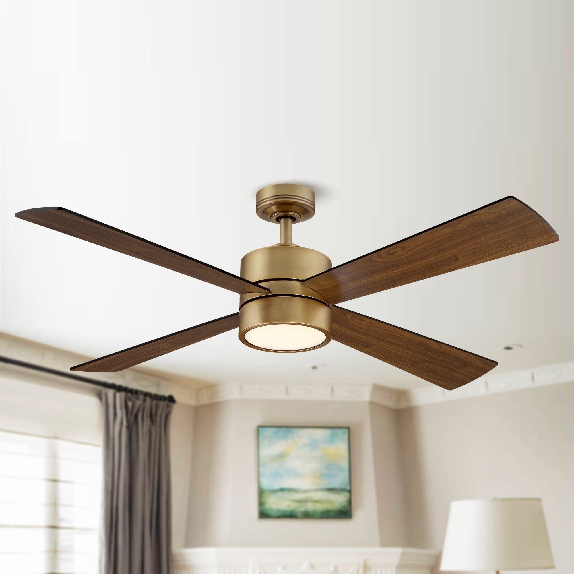 Parrot Uncle 52" Wooden 4-Blade Antique Brass Ceiling Fan with Light and Remote