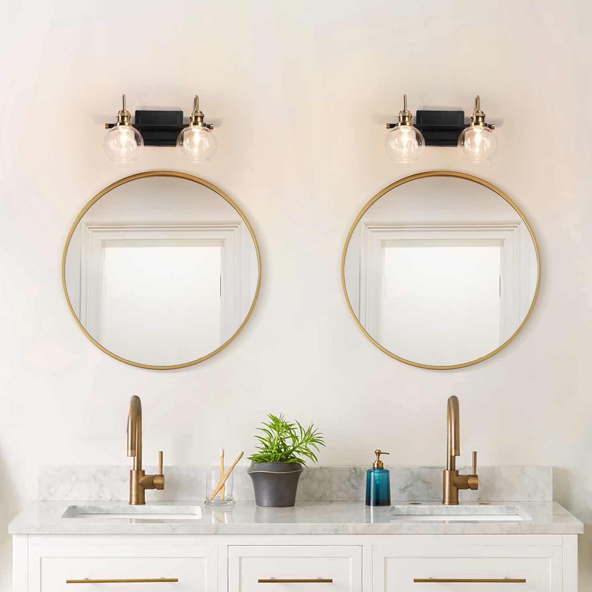 ZEVNI 2-Light Bathroom Lights Over Mirror, Black Gold Vanity Lighting Fixtures with Clear Glass Globes, 14.5" x 7" x 9"