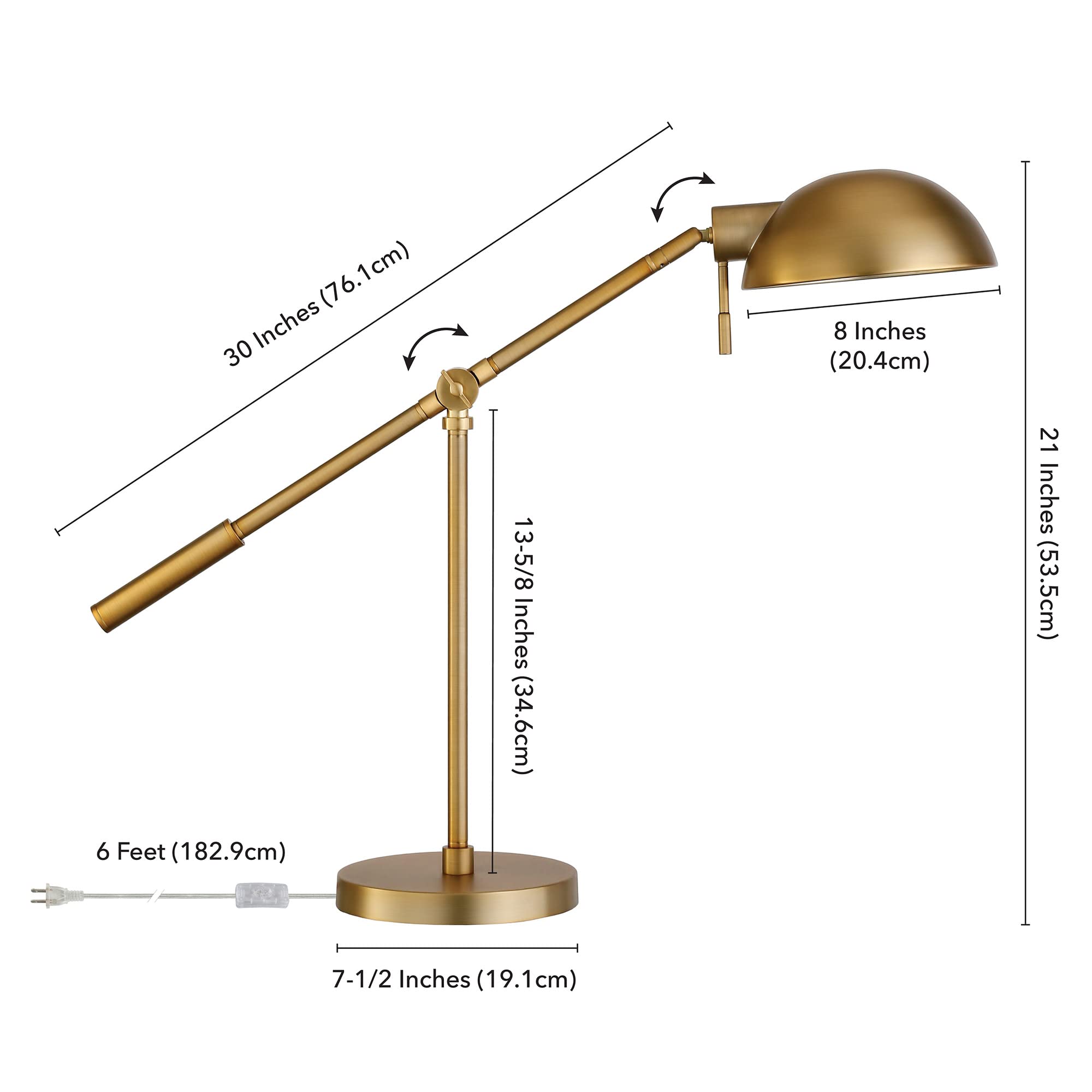 Dexter 23.25" Tall Boom Arm Table Lamp with Metal Shade in Brass/Brass