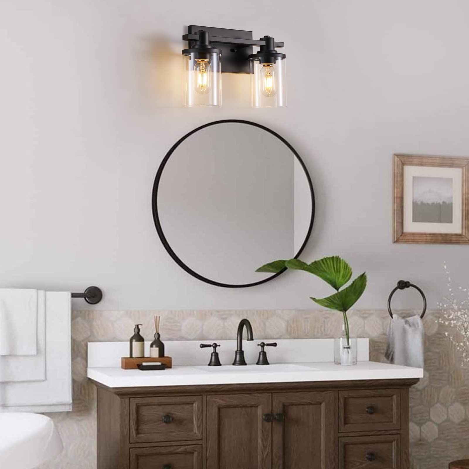 2 Light Bathroom Vanity Light, Modern Matte Black Bathroom Vanity Light Fixtures with Clear Glass Shade, Vintage Wall Sconces Lighting, Modern Bath Wall Mounted Lights for Bathroom Over Mirror